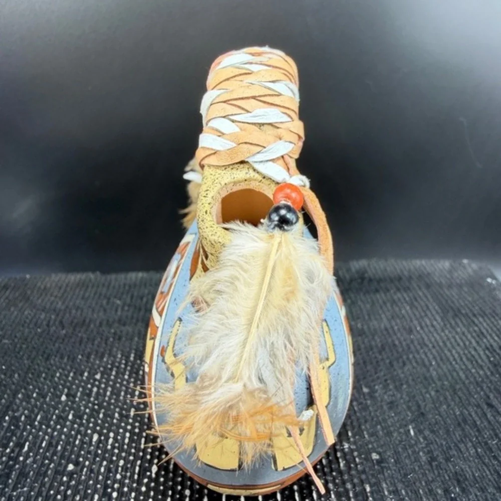 Southwestern Wedding Vase Hand Painted Buffalo Sun Pottery Feather Leather 4inch